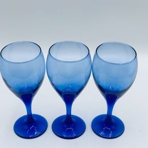 1980’s Set of 3 blue long stem wine, drink glasses.